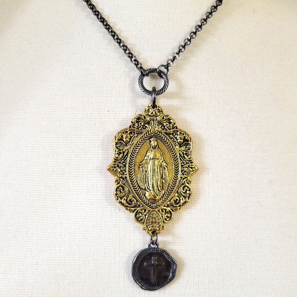 Beautiful Handmade Virgin Mary Religious Charm Necklace in Gold and Gunmetal - Picture 5 of 11